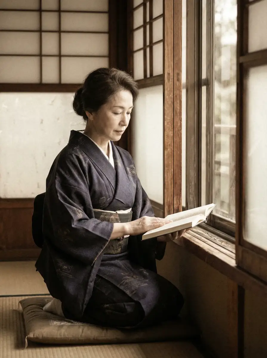 一位优雅的五十岁 里番::里番免费观看-里番交流社区 身穿深蓝色和服，在窗边静读